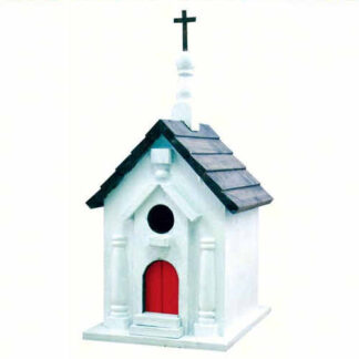 Birdhouse shaped like a church with a red door