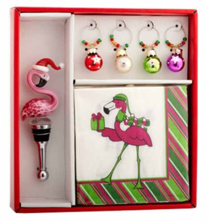 Flamingo wine stopper, four wine glass charms, and flamingo napkins.