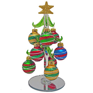 Green Glass Tree with Green, Gold, Blue Swirl Ornaments